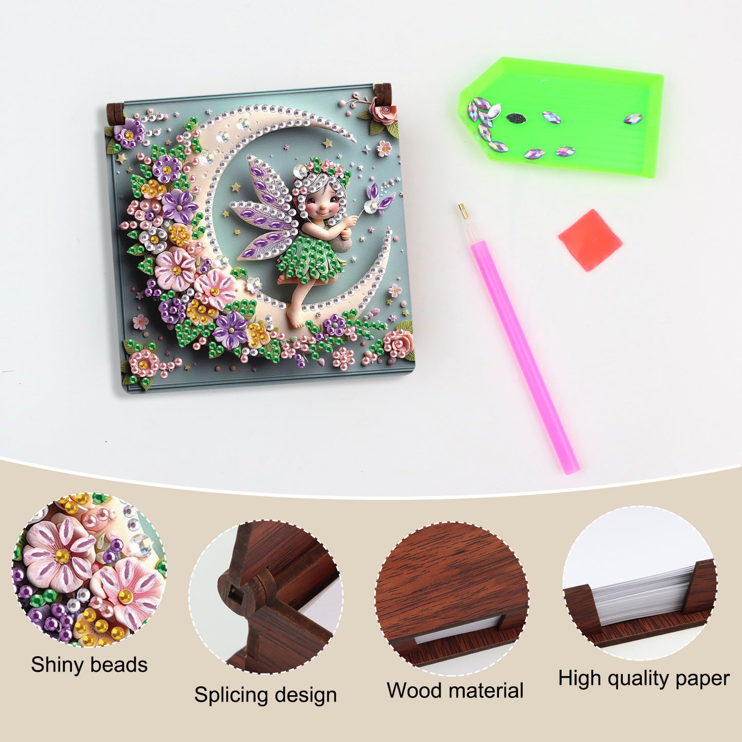 Wooden DIY Moon Fairy Diamond Painting Kit Note Box with 160 Papers for Office