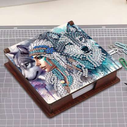 Wooden DIY Indian Wolf Diamond Painting Kit Note Box with 160 Papers for Office