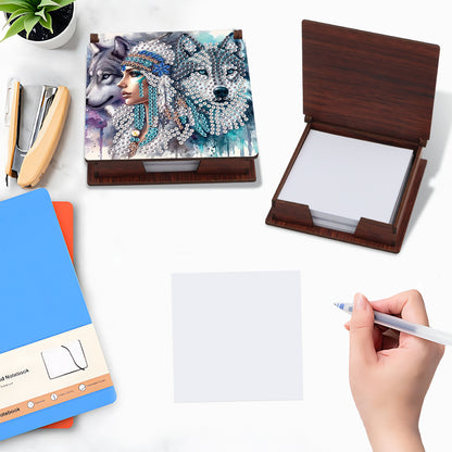 Wooden DIY Indian Wolf Diamond Painting Kit Note Box with 160 Papers for Office