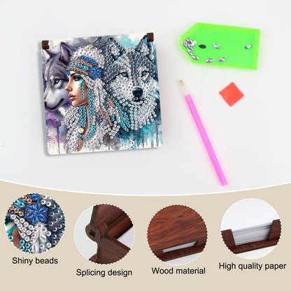 Wooden DIY Indian Wolf Diamond Painting Kit Note Box with 160 Papers for Office
