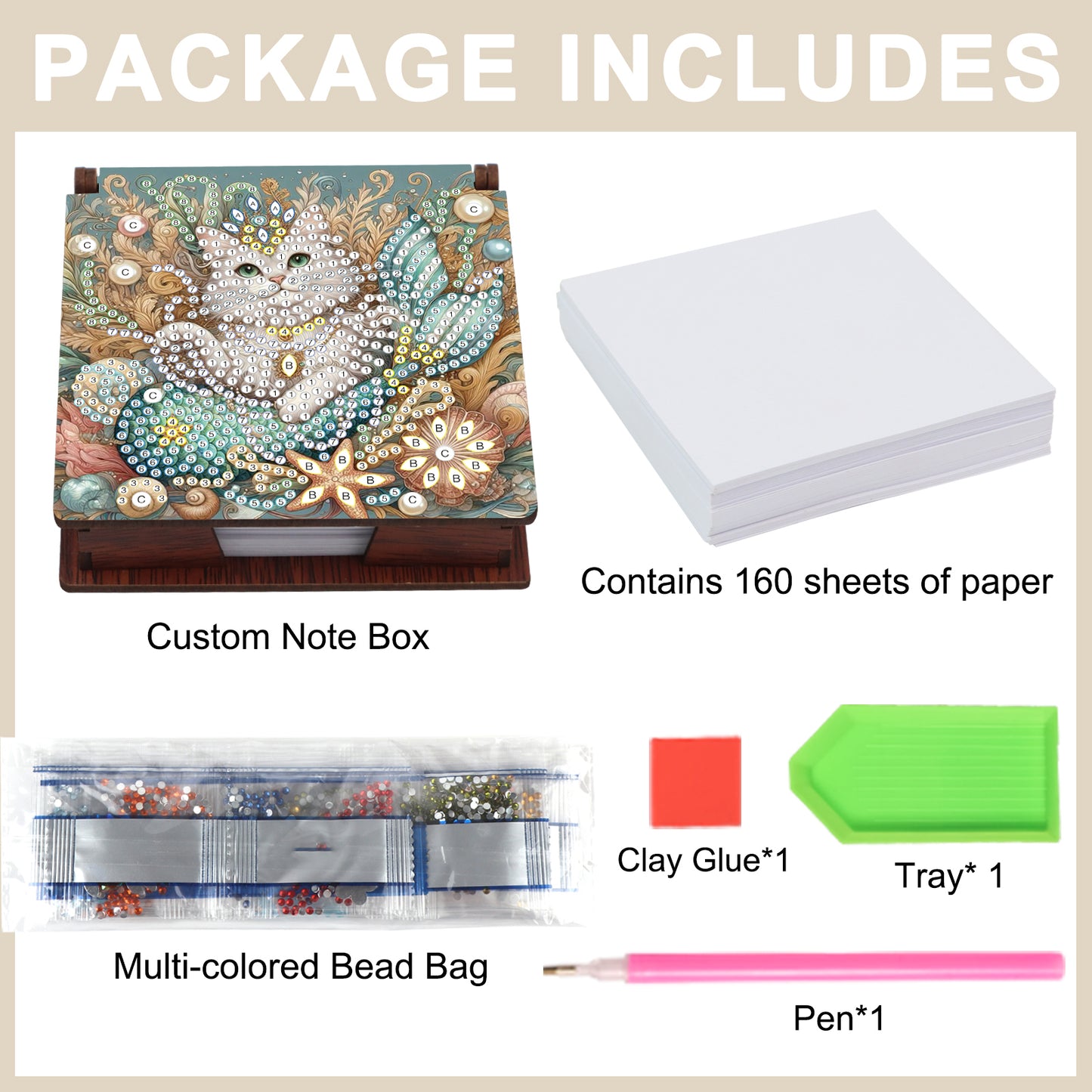 Wooden DIY White Cat Diamond Painting Kit Note Box with 160 Papers for Office
