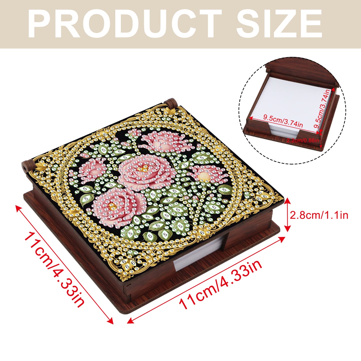 Wooden DIY Rose Diamond Painting Kit Note Box with 160 Papers for Office Desk