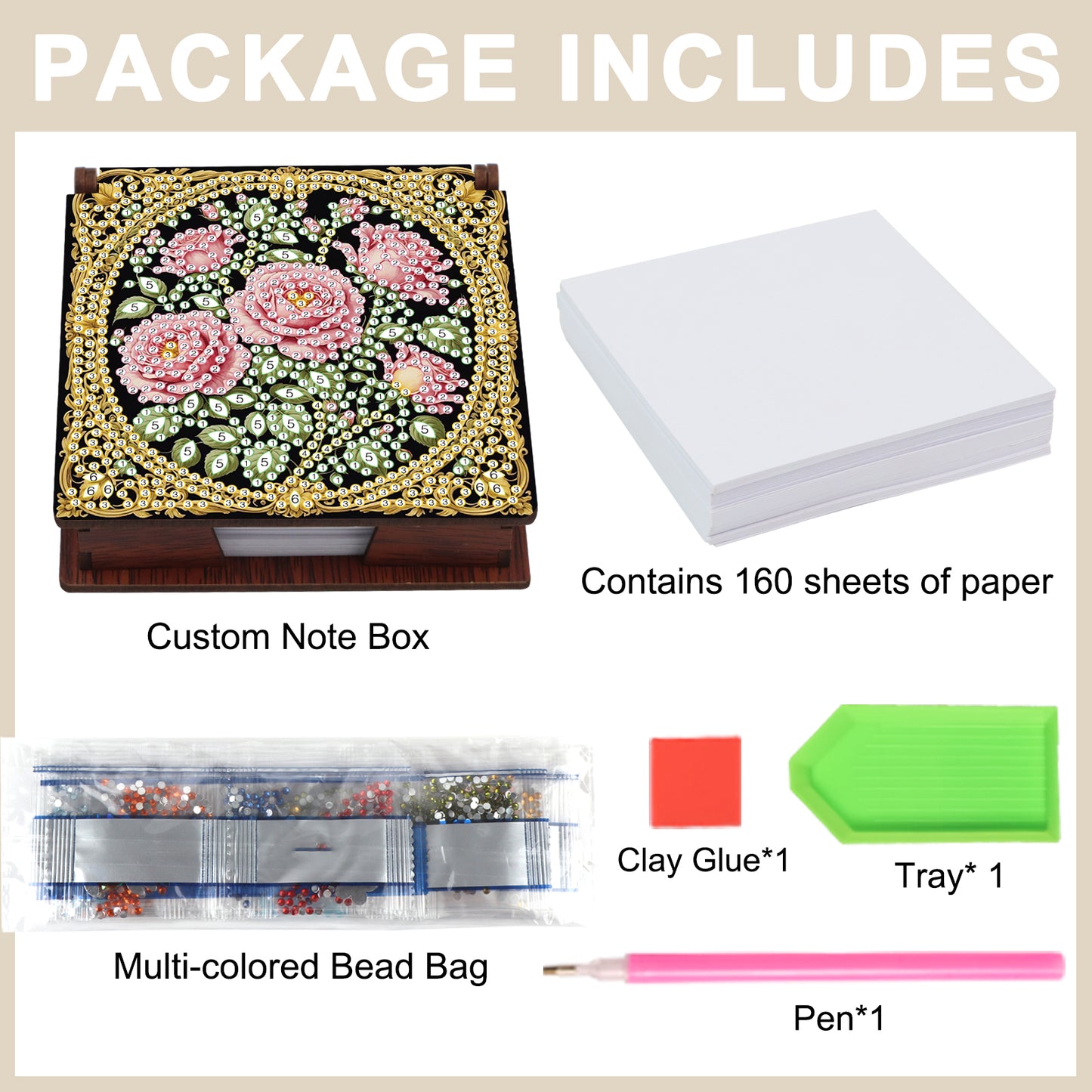Wooden DIY Rose Diamond Painting Kit Note Box with 160 Papers for Office Desk