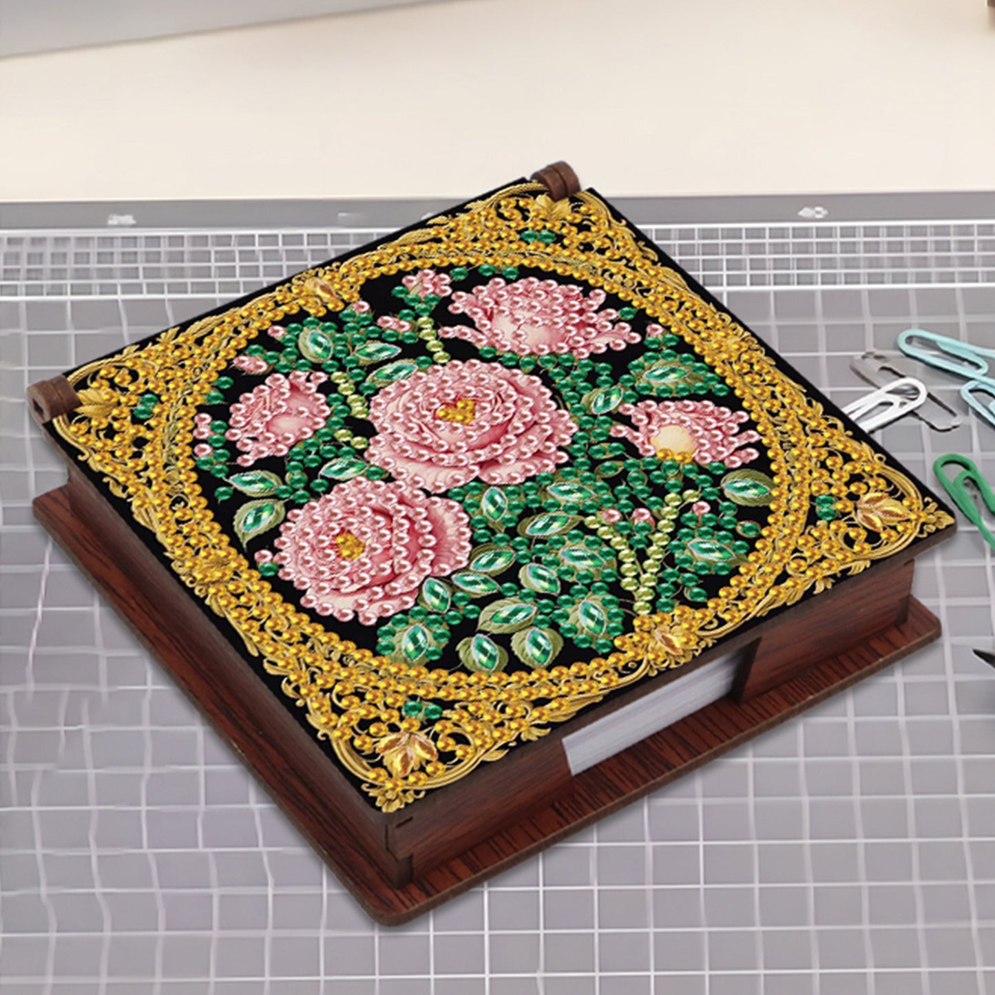 Wooden DIY Rose Diamond Painting Kit Note Box with 160 Papers for Office Desk