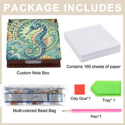 Wooden DIY Seahorse Diamond Painting Kit Note Box with 160 Papers for Office