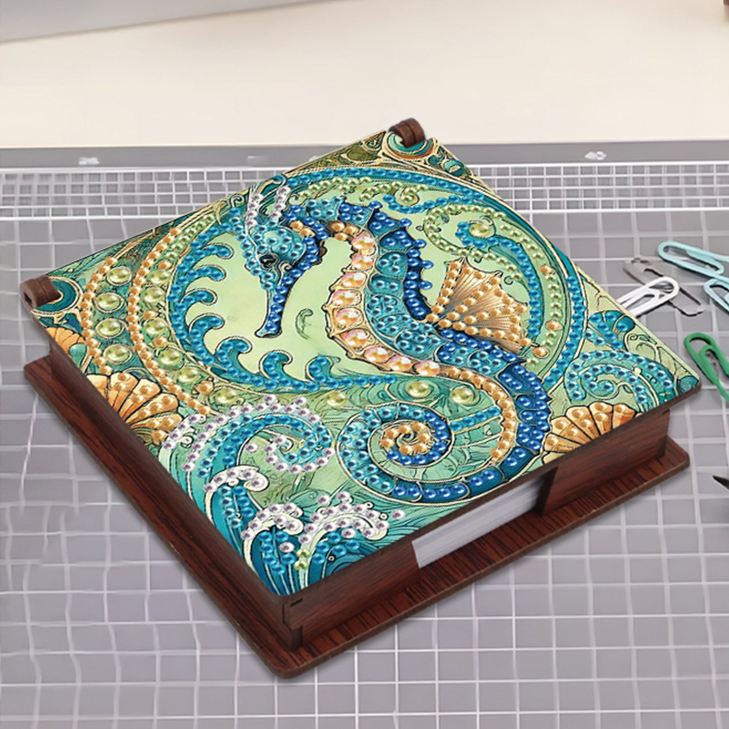 Wooden DIY Seahorse Diamond Painting Kit Note Box with 160 Papers for Office