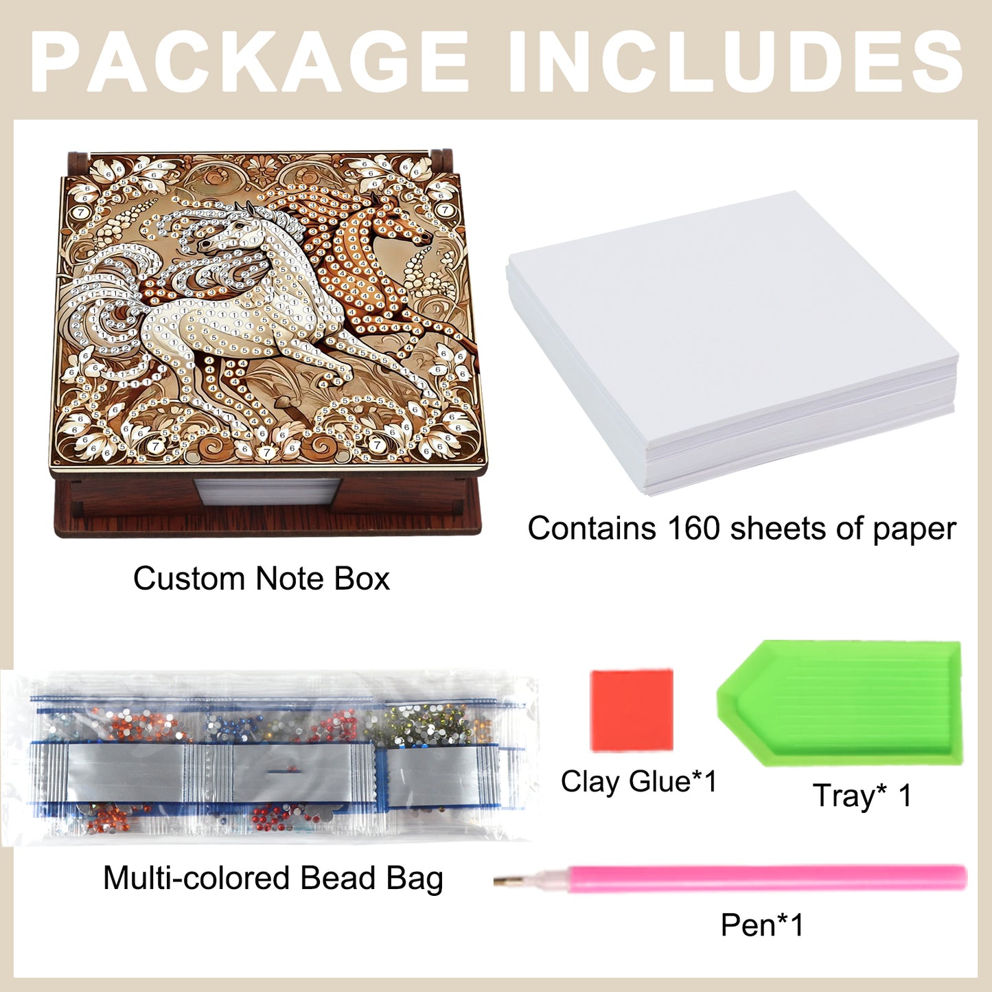 Wooden DIY Horse Diamond Painting Kit Note Box with 160 Papers for Office Desk