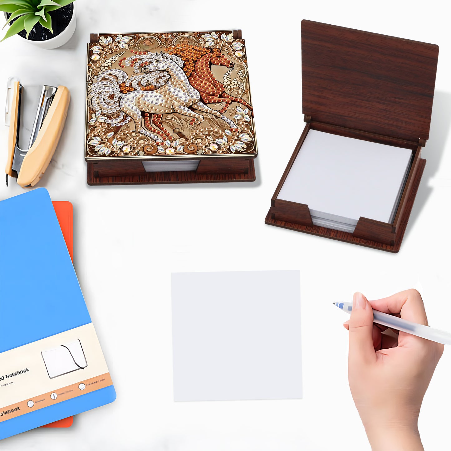 Wooden DIY Horse Diamond Painting Kit Note Box with 160 Papers for Office Desk