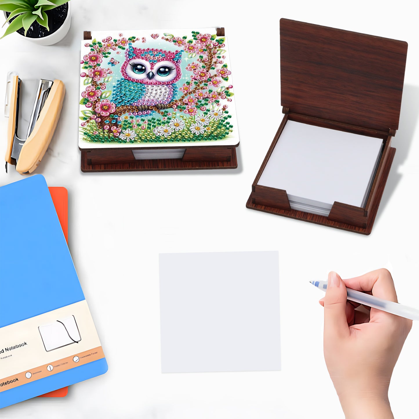 Wooden DIY Owl Diamond Painting Kit Note Box with 160 Papers for Office Desk