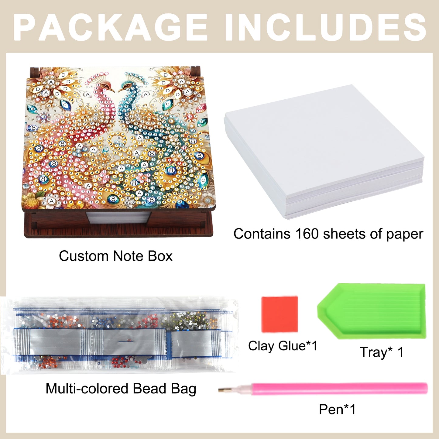 Wooden DIY Red Blue Peacock Diamond Painting Kit Note Box with 160 Papers Gifts