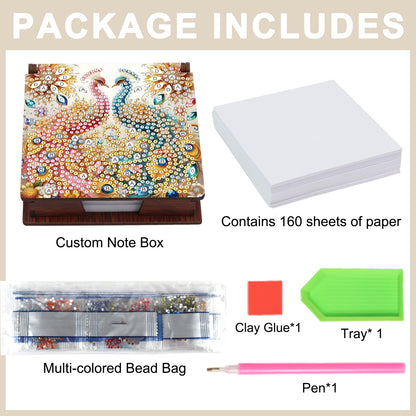 Wooden DIY Red Blue Peacock Diamond Painting Kit Note Box with 160 Papers Gifts