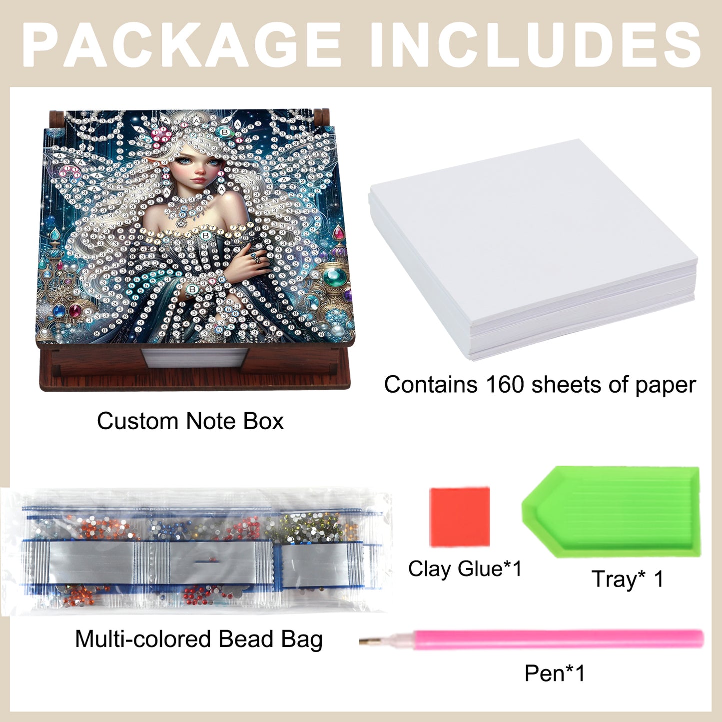 Wooden DIY Fairy Beauty Diamond Painting Kit Note Box with 160 Papers for Office