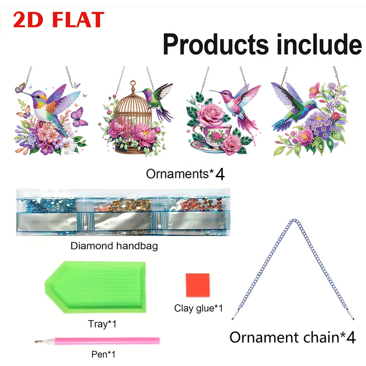 4Pcs Bird 2D Flat DIY Diamond Art Pendant Acrylic Hanging Charm Window Decor