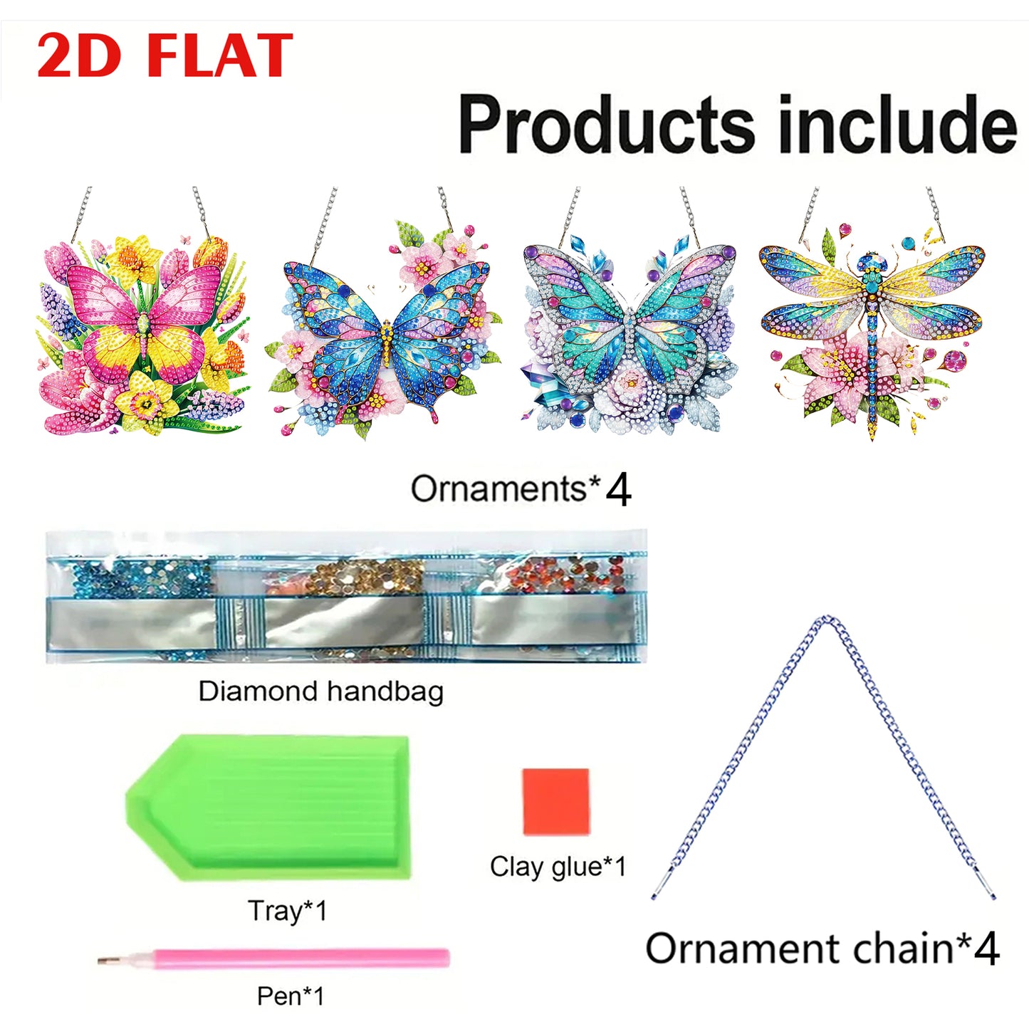 4Pcs Butterfly 2D Flat DIY Diamond Art Pendant Acrylic Hanging Charm Home Decor