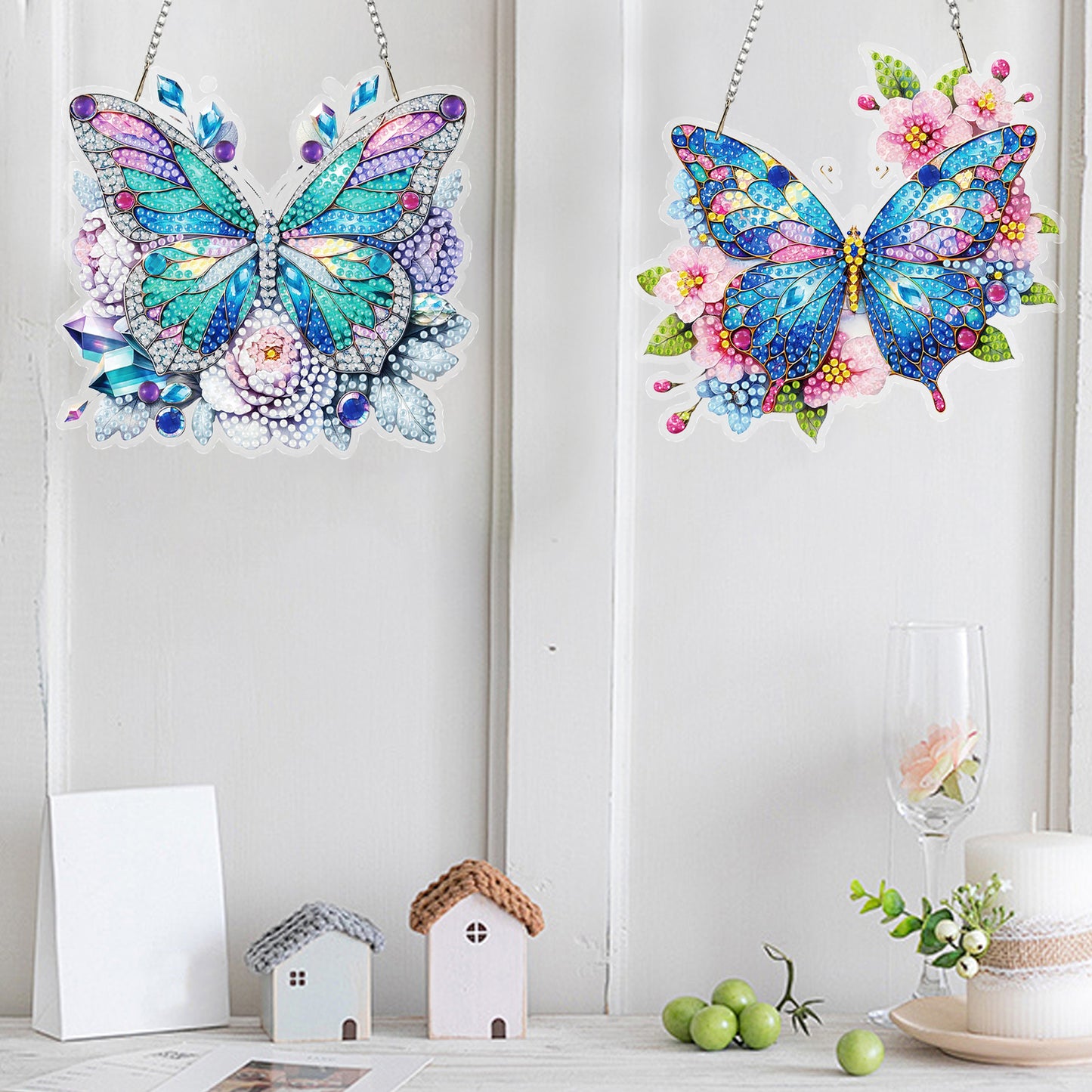 4Pcs Butterfly 2D Flat DIY Diamond Art Pendant Acrylic Hanging Charm Home Decor