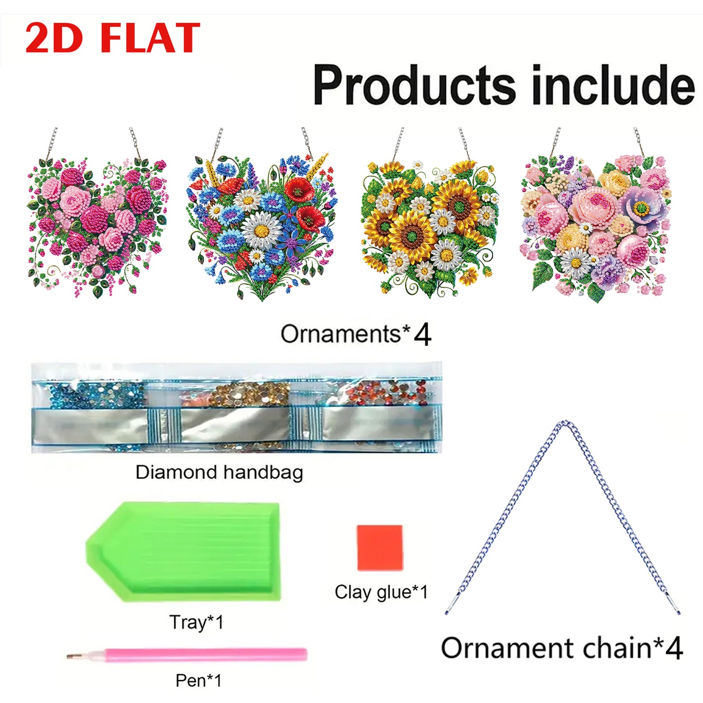 4Pcs Heart 2D Flat DIY Diamond Art Pendant Acrylic Hanging Charm Window Decor