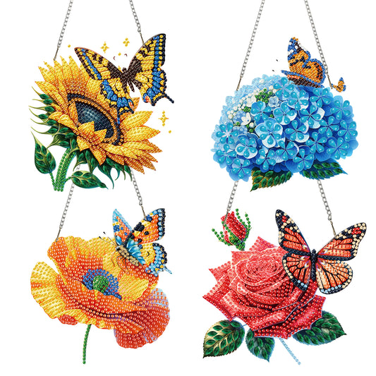 4Pcs Flower 2D Flat DIY Diamond Art Pendant Acrylic Hanging Charm Window Decor