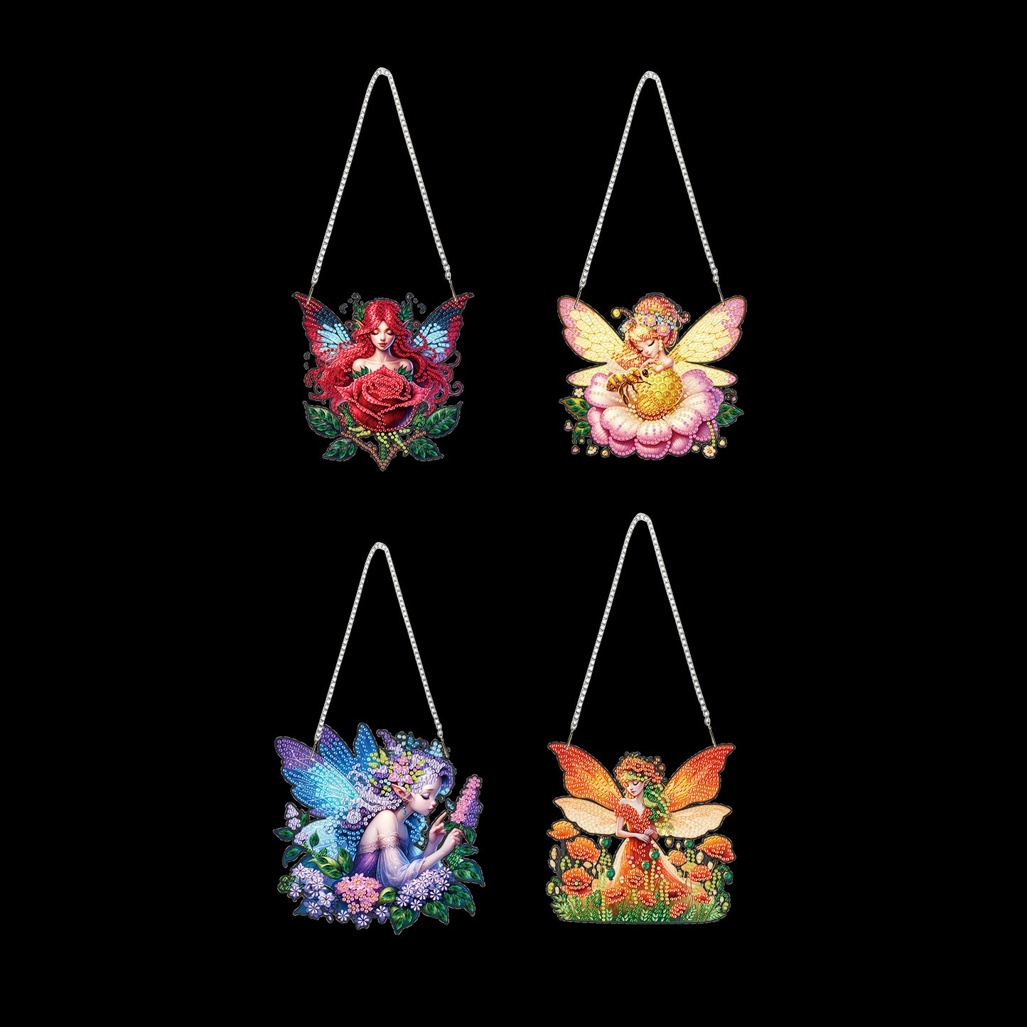 4Pcs Fairy 2D Flat DIY Diamond Art Pendant Acrylic Hanging Charm Window Decor