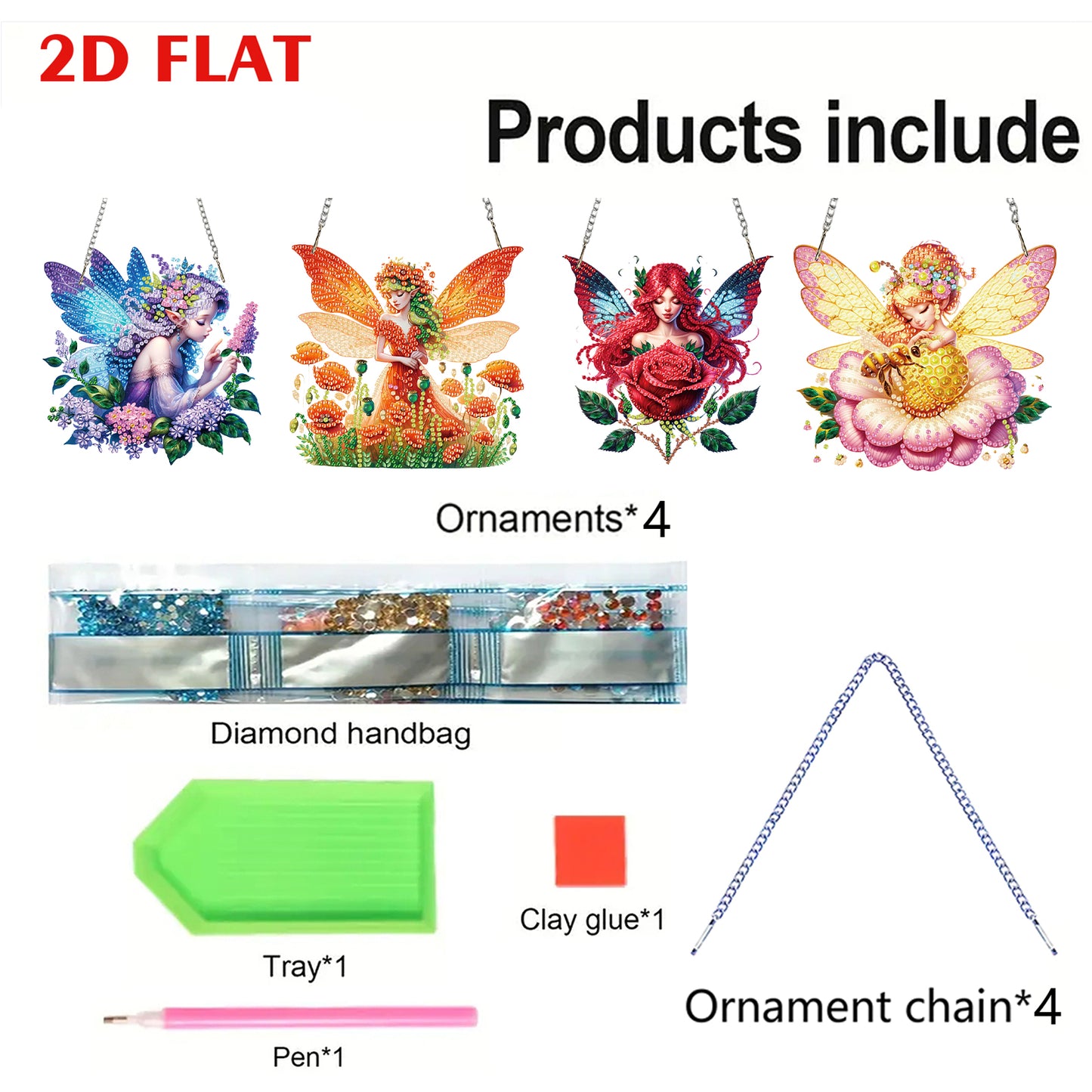 4Pcs Fairy 2D Flat DIY Diamond Art Pendant Acrylic Hanging Charm Window Decor