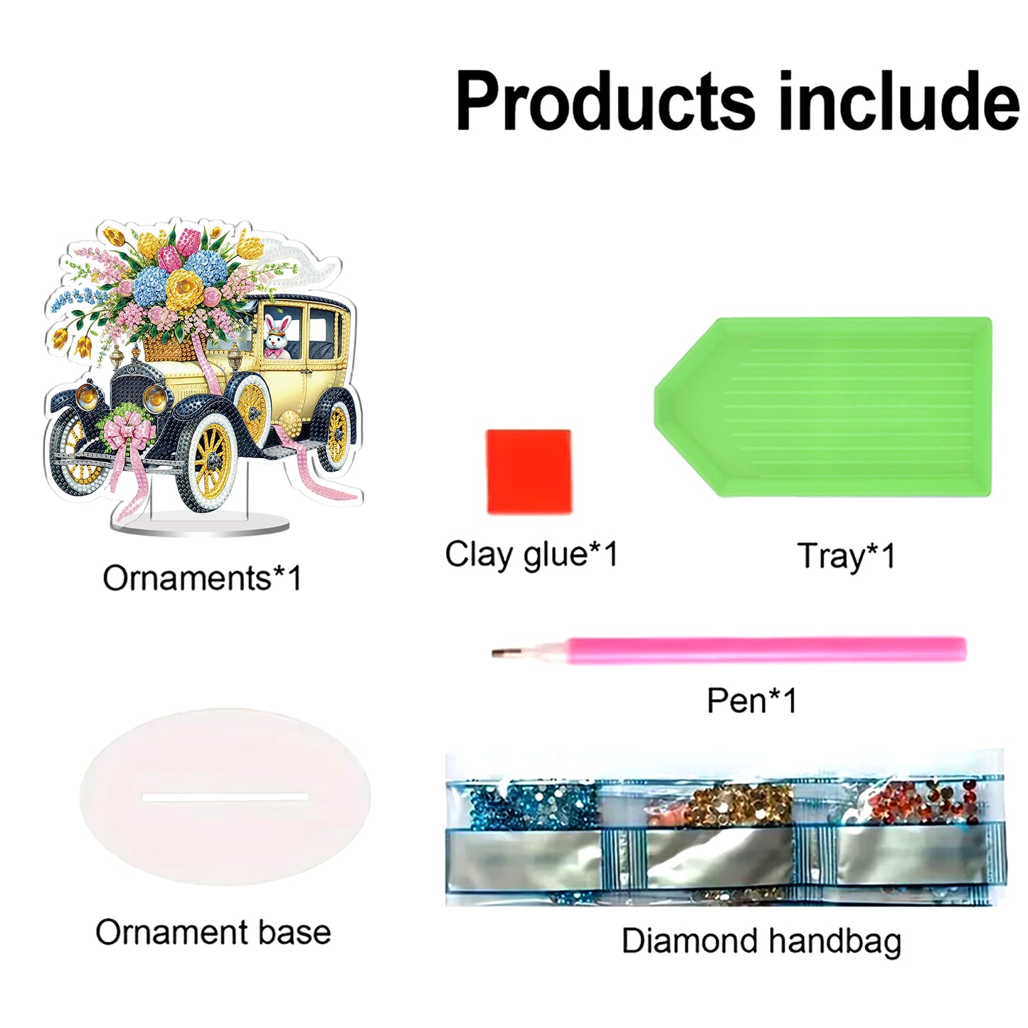 Easter Car DIY 2D Flat Acrylic Special Shaped Diamond Art Kit 22x25cm Home Decor