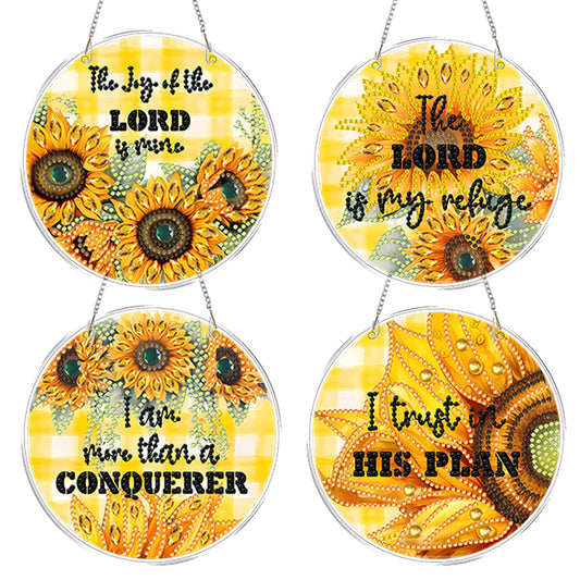 4pcs Sunflower Text DIY 2D Flat Acrylic Diamond Painting Kit Diamond Art Pendant