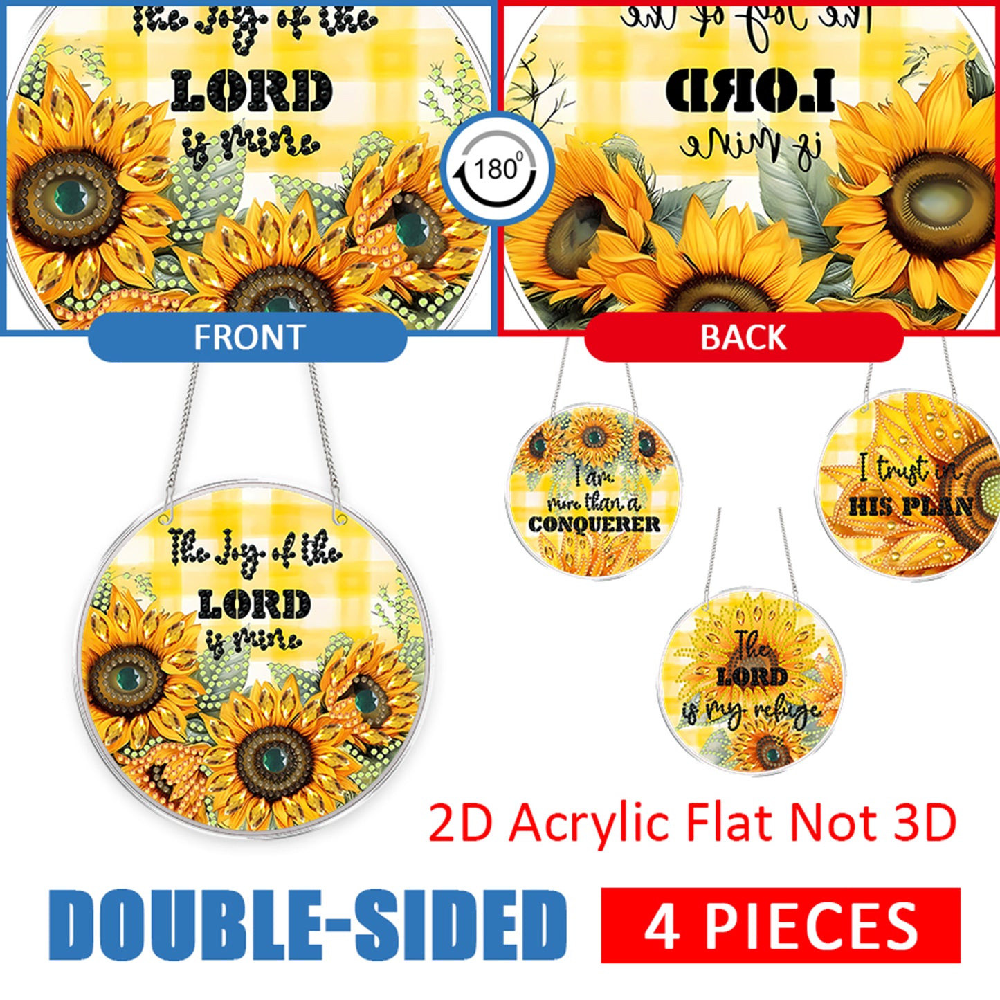 4pcs Sunflower Text DIY 2D Flat Acrylic Diamond Painting Kit Diamond Art Pendant
