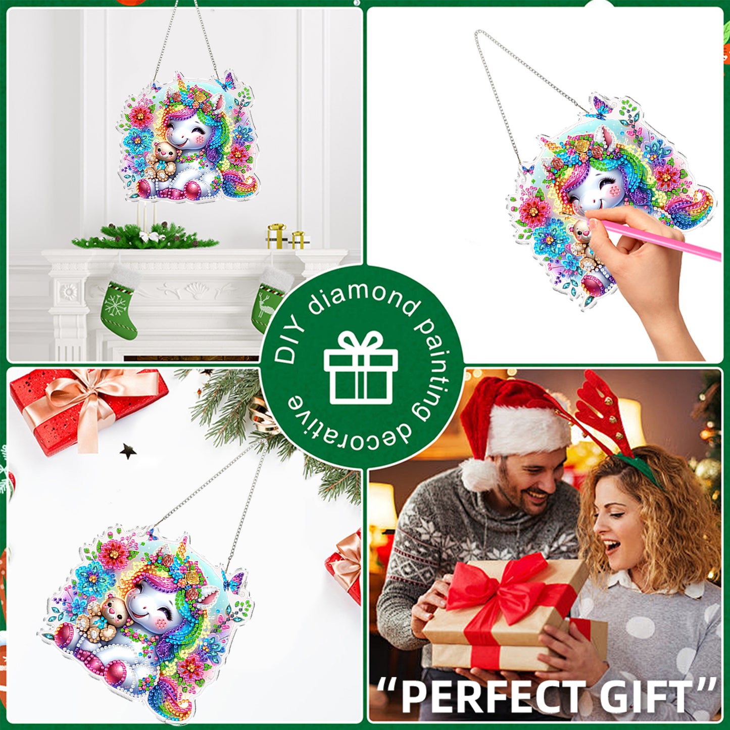 4pcs Flower Unicorn DIY 2D Flat Acrylic Diamond Painting Kit Diamond Art Pendant