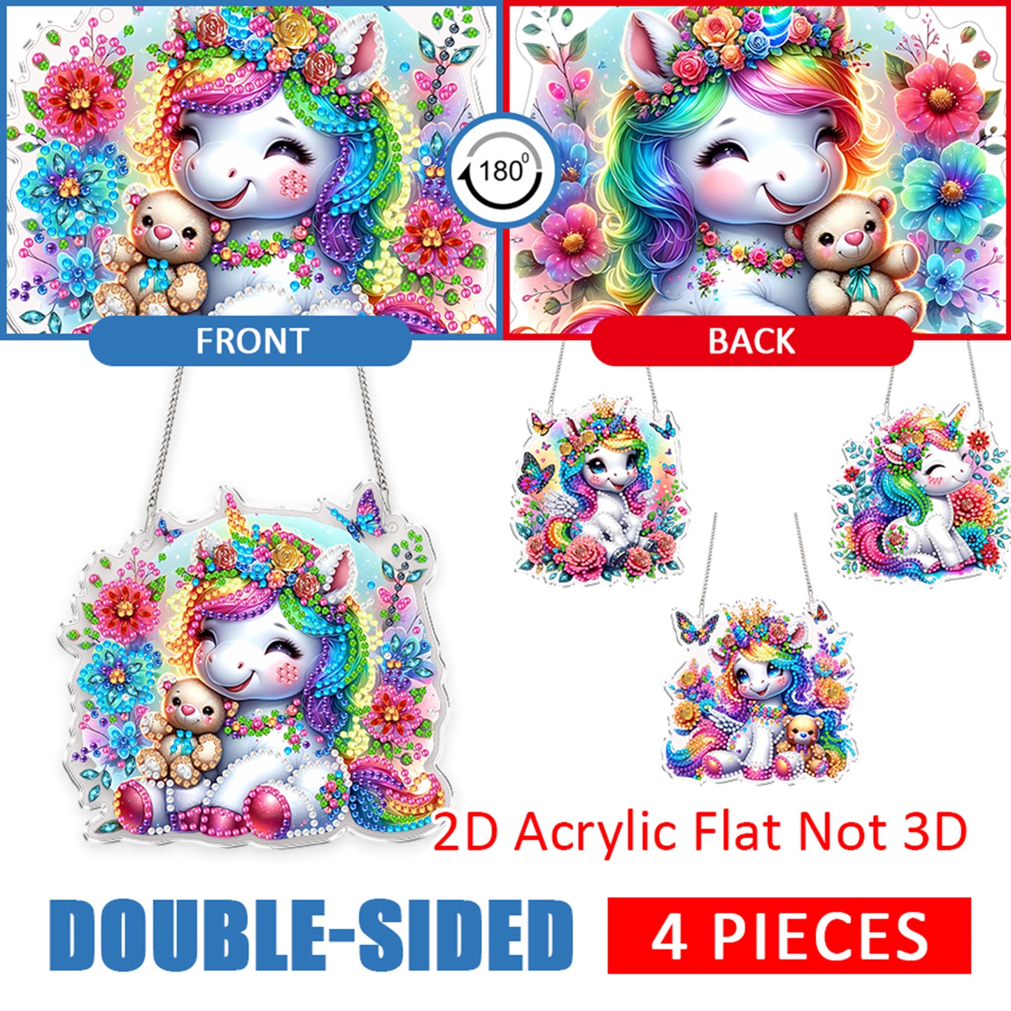 4pcs Flower Unicorn DIY 2D Flat Acrylic Diamond Painting Kit Diamond Art Pendant