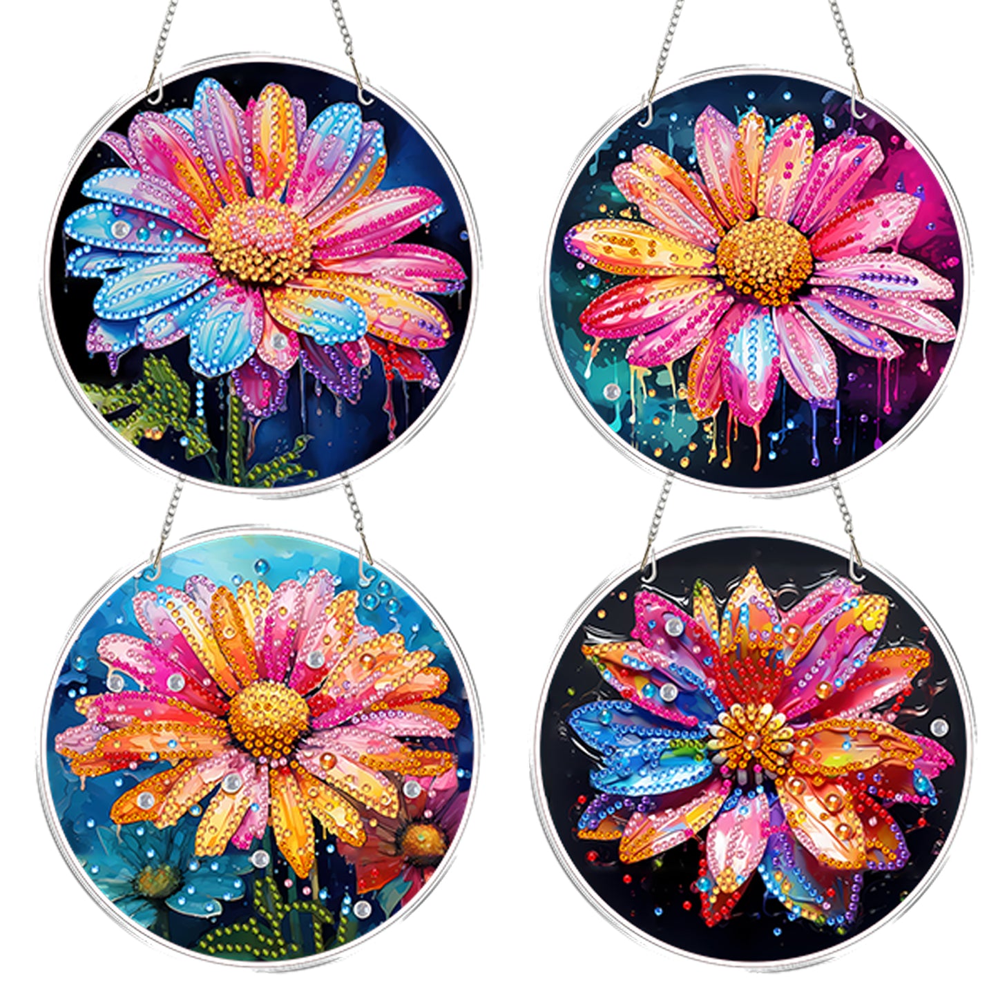 4pcs Colorful Flower DIY 2DFlat Acrylic Diamond Painting Kit Diamond Art Pendant