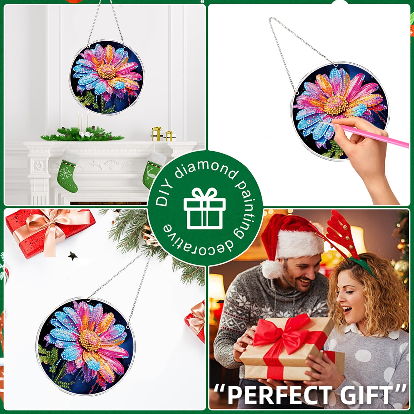 4pcs Colorful Flower DIY 2DFlat Acrylic Diamond Painting Kit Diamond Art Pendant