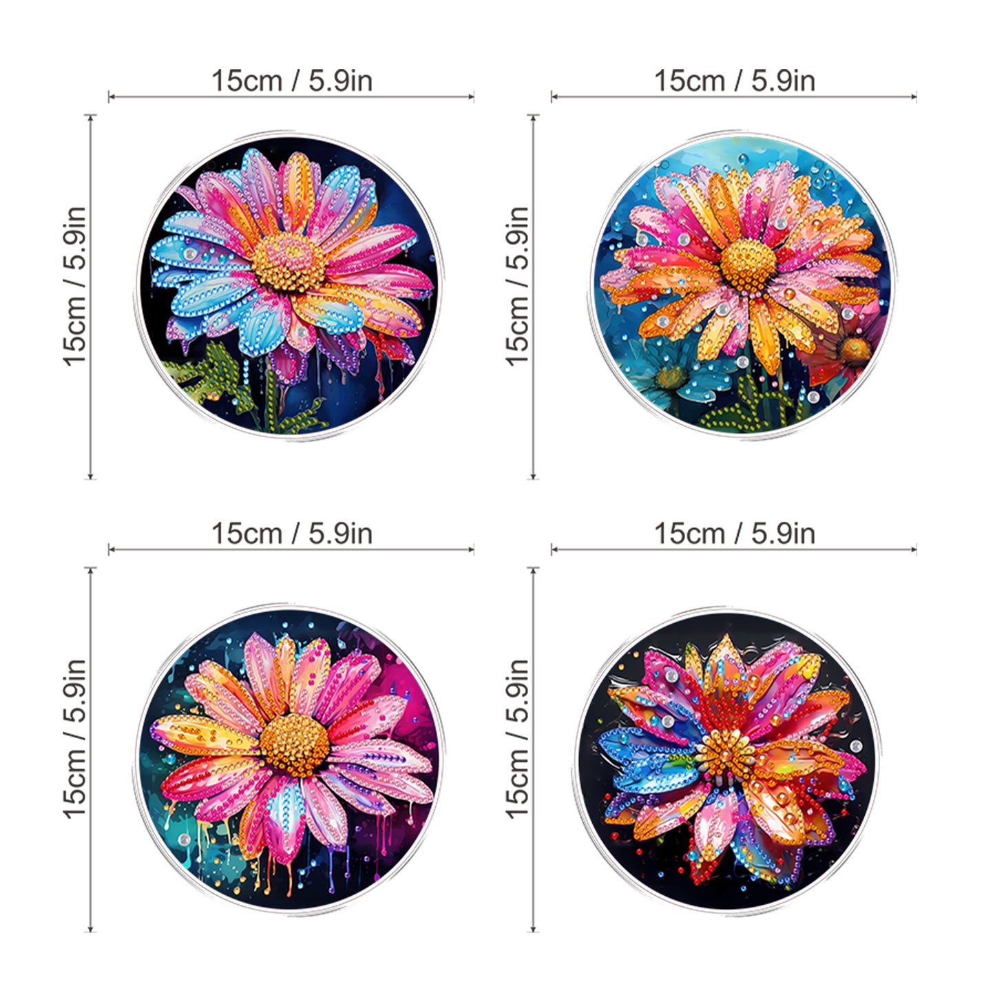 4pcs Colorful Flower DIY 2DFlat Acrylic Diamond Painting Kit Diamond Art Pendant