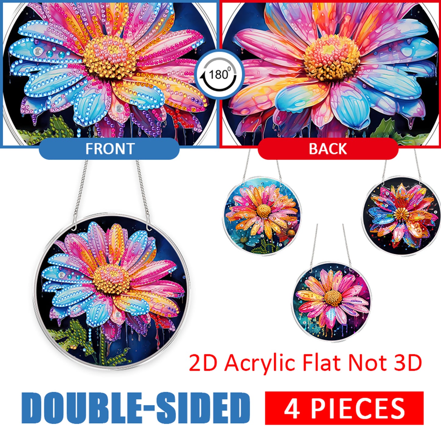 4pcs Colorful Flower DIY 2DFlat Acrylic Diamond Painting Kit Diamond Art Pendant