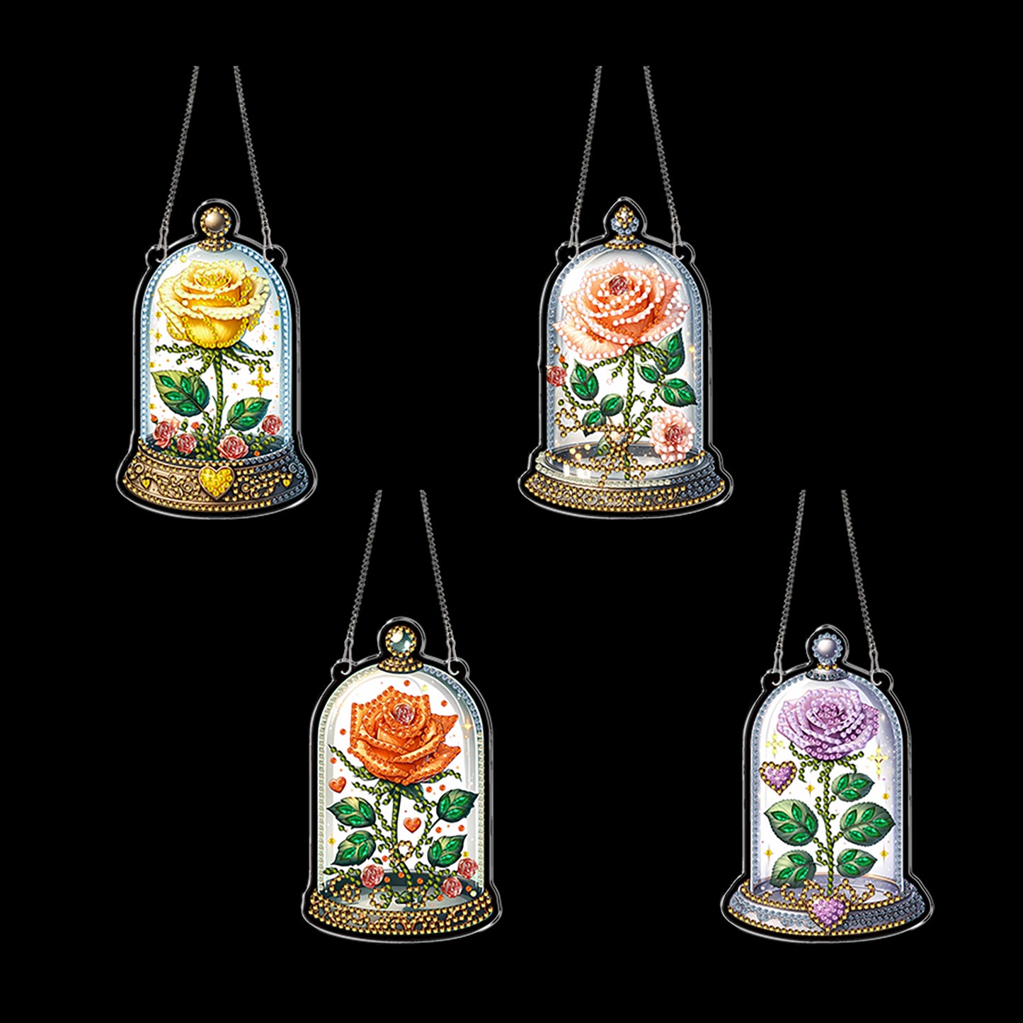 4pcs Glass Rose DIY 2D Flat Acrylic Diamond Painting Kits Diamond Art Pendant