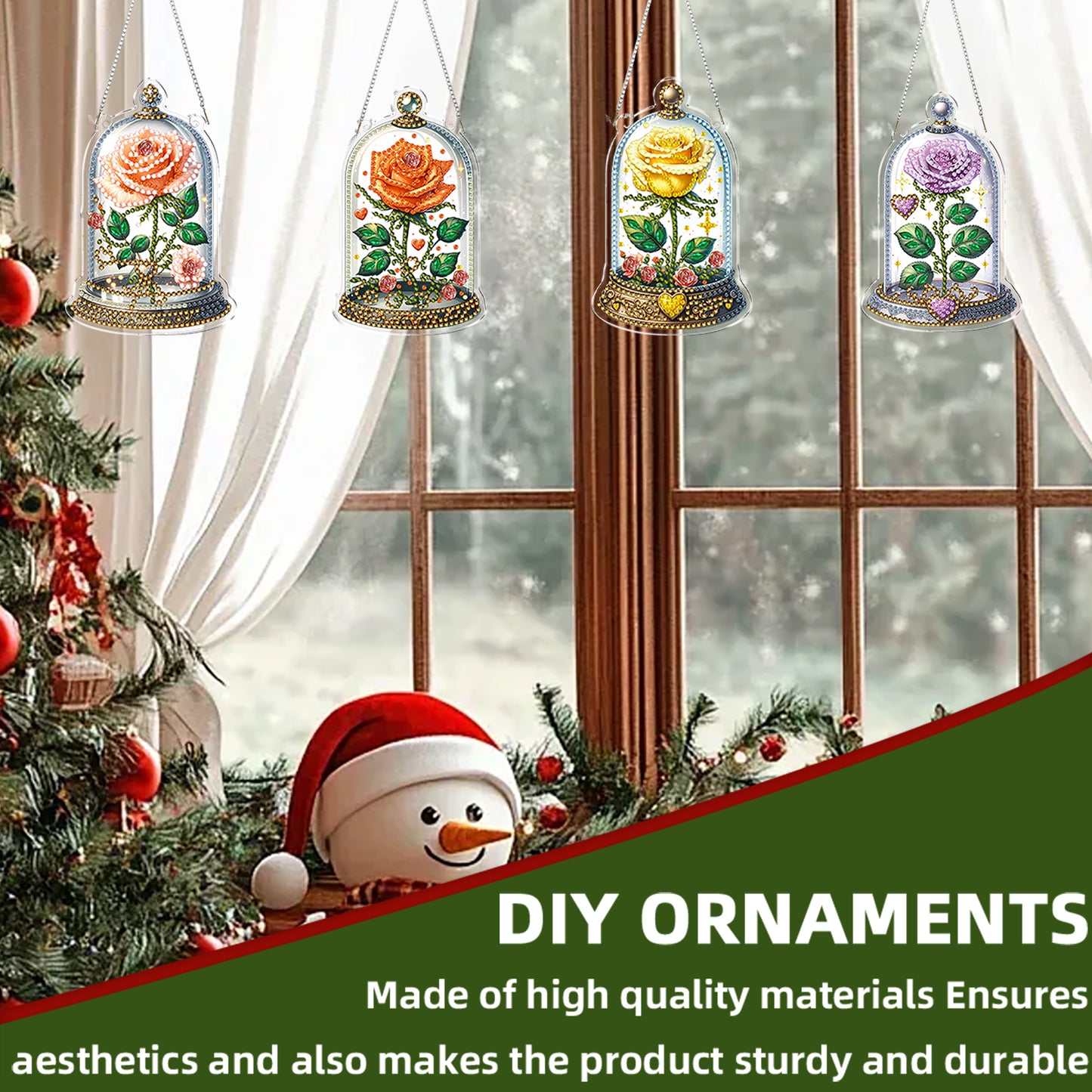 4pcs Glass Rose DIY 2D Flat Acrylic Diamond Painting Kits Diamond Art Pendant