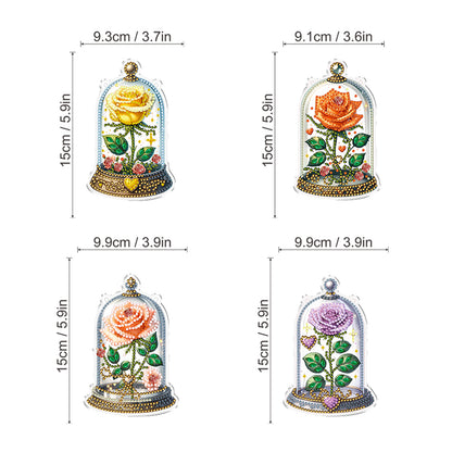 4pcs Glass Rose DIY 2D Flat Acrylic Diamond Painting Kits Diamond Art Pendant