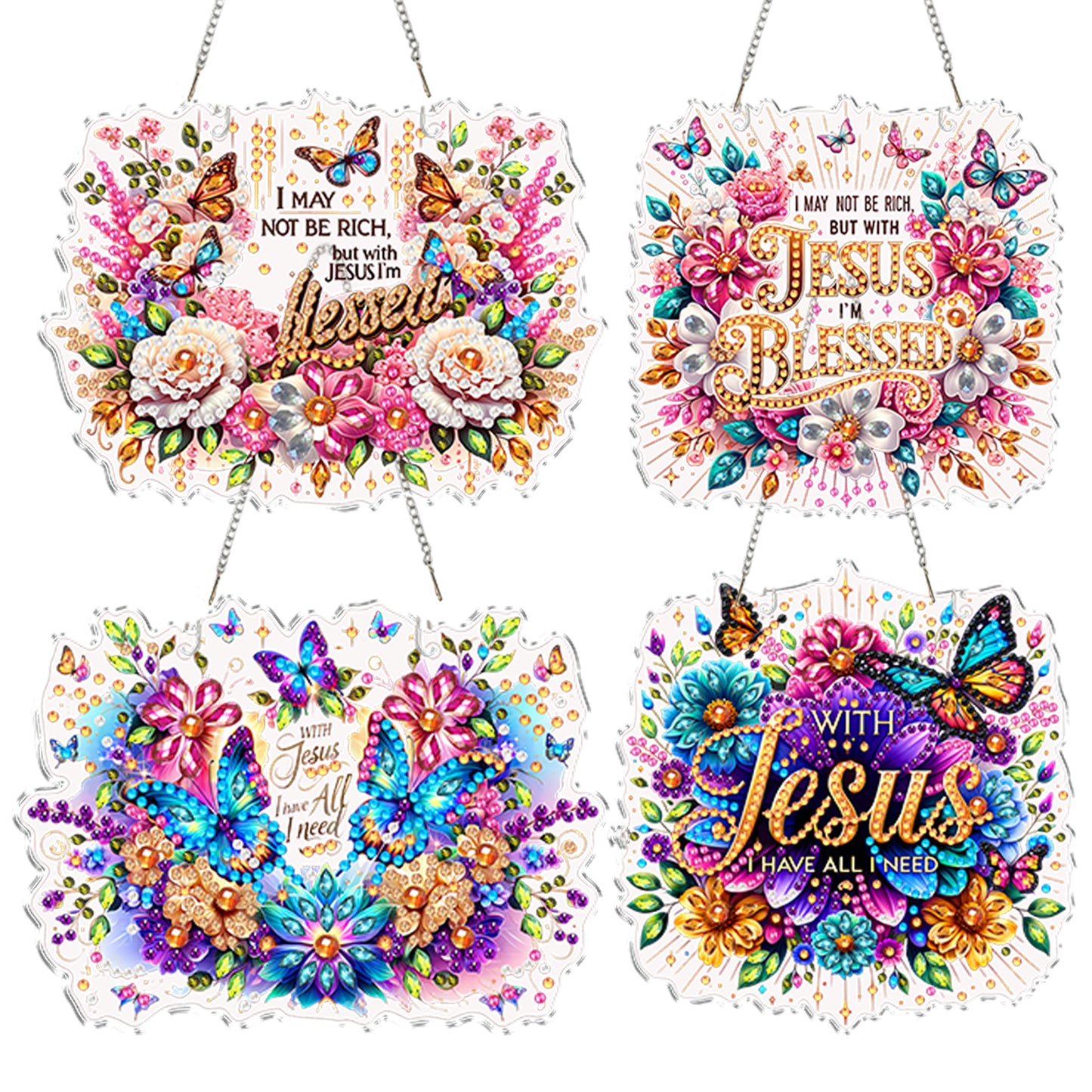 4Pcs Butterfly Flowers 2D Flat DIY Special Shape Diamond Art Hanging Pendant Kit