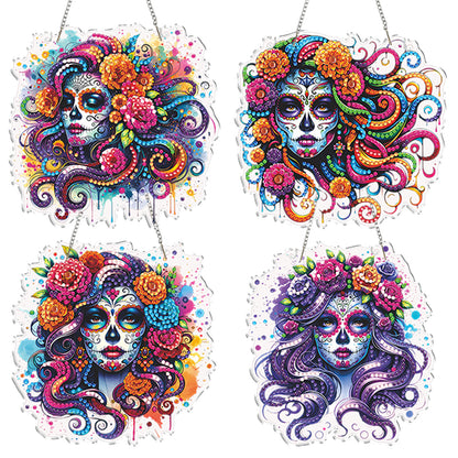 4Pcs Flower Skeleton 2D Flat DIY Special Shape Diamond Art Hanging Pendant Kit