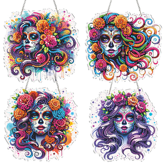 4Pcs Flower Skeleton 2D Flat DIY Special Shape Diamond Art Hanging Pendant Kit