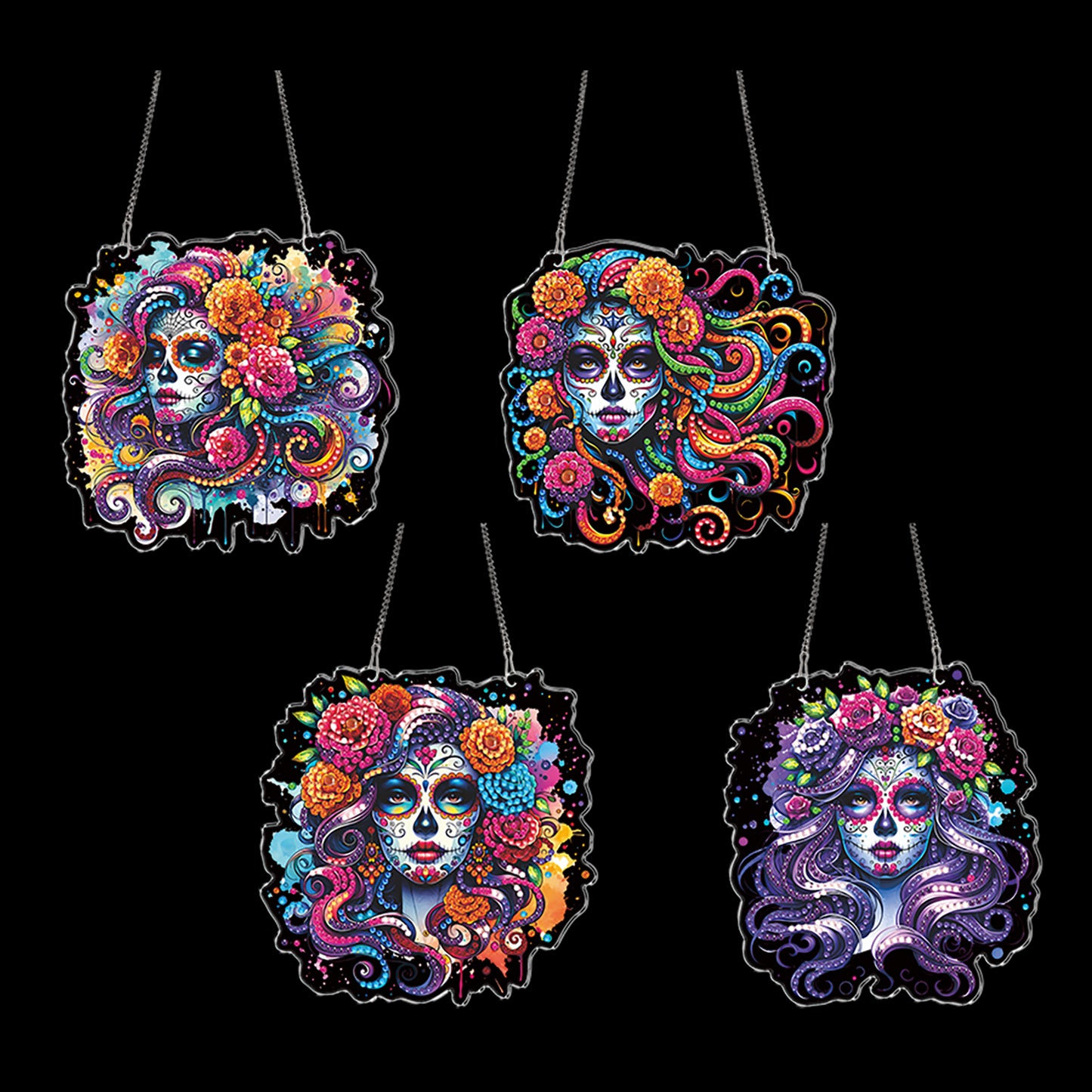 4Pcs Flower Skeleton 2D Flat DIY Special Shape Diamond Art Hanging Pendant Kit