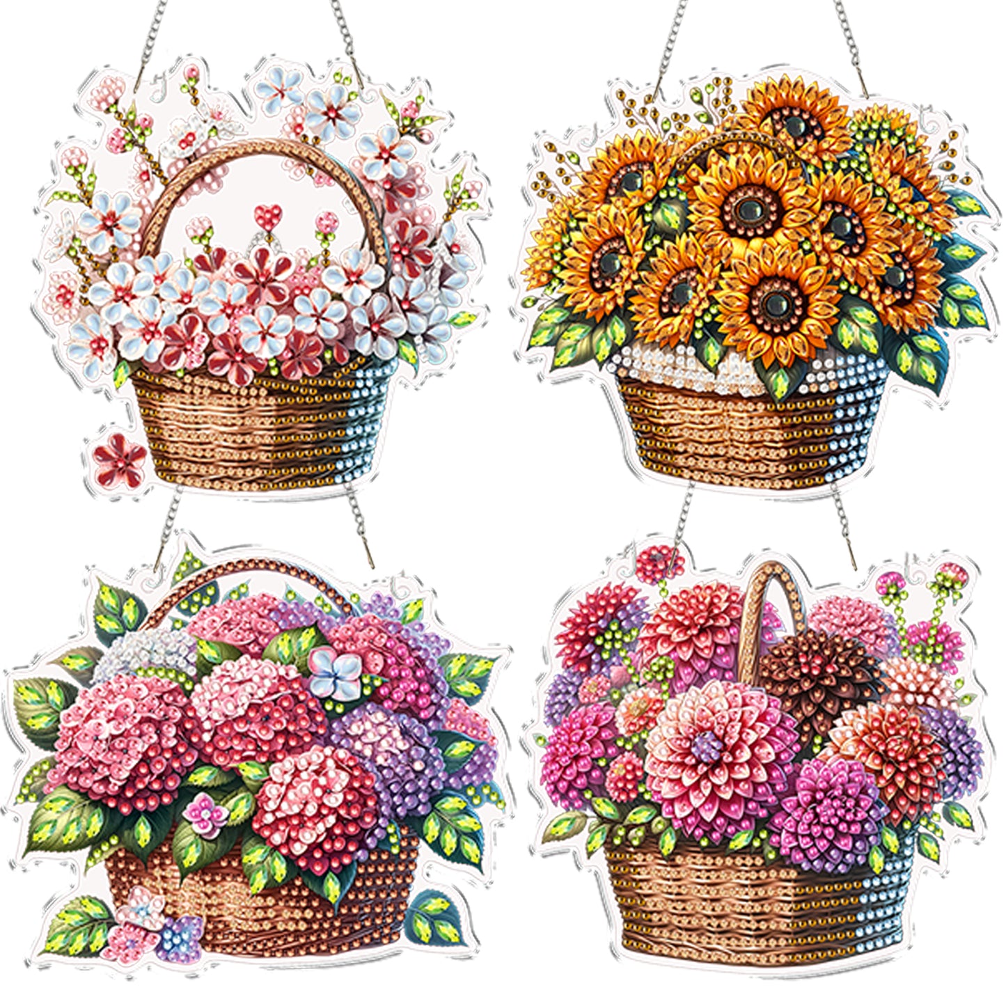 4Pcs Flower Basket 2D Flat DIY Special Shape Diamond Art Hanging Pendant Kit