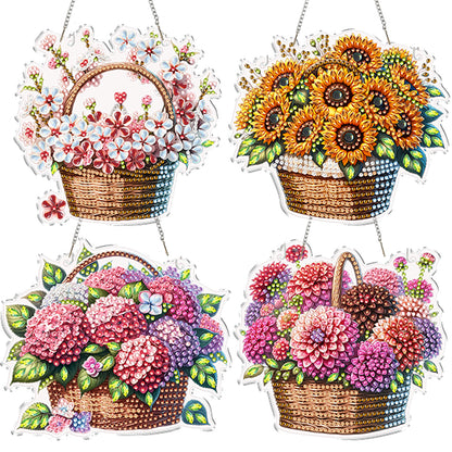 4Pcs Flower Basket 2D Flat DIY Special Shape Diamond Art Hanging Pendant Kit
