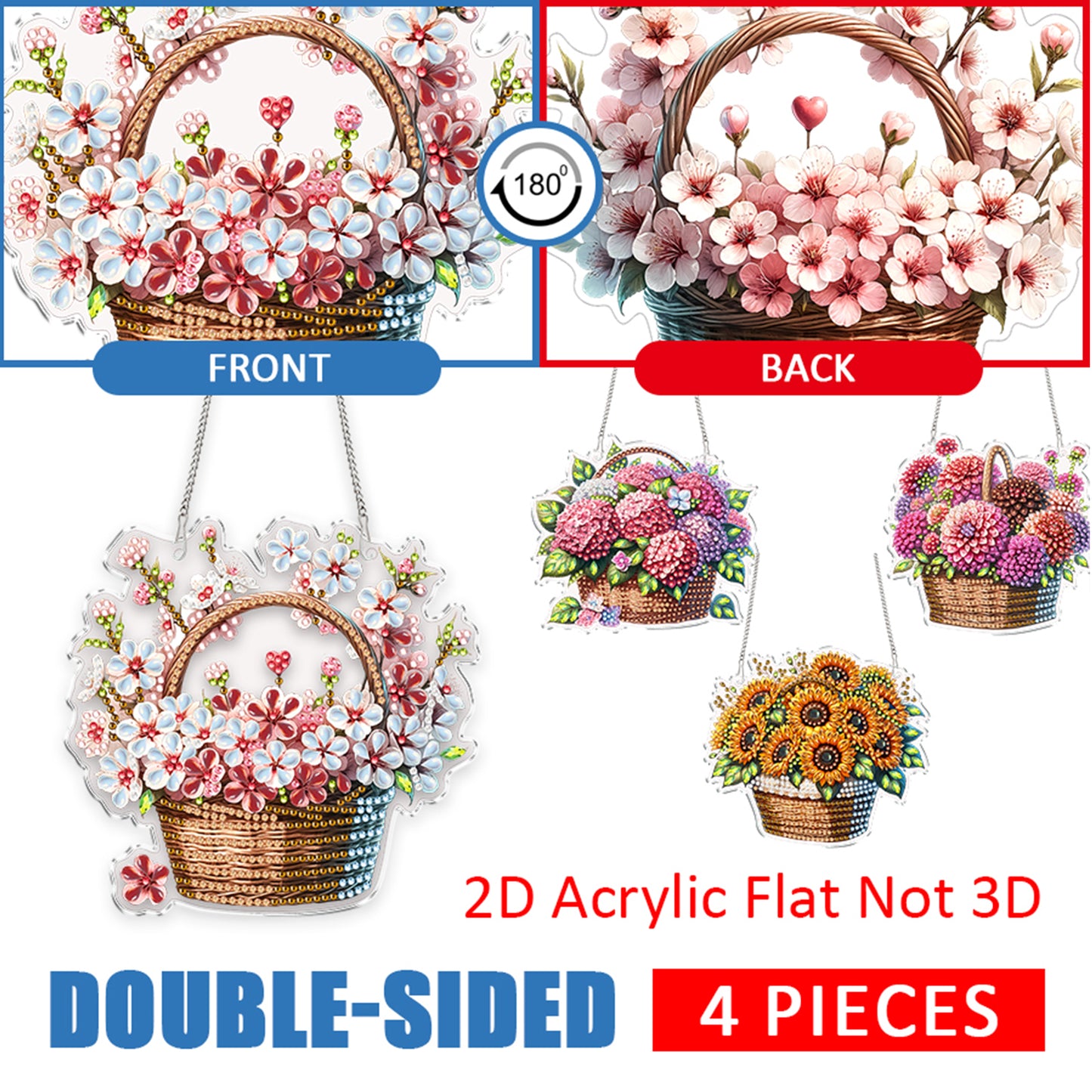 4Pcs Flower Basket 2D Flat DIY Special Shape Diamond Art Hanging Pendant Kit