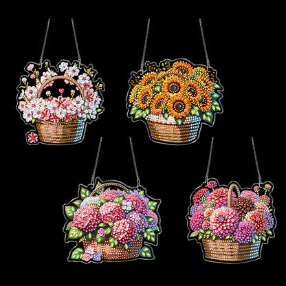 4Pcs Flower Basket 2D Flat DIY Special Shape Diamond Art Hanging Pendant Kit