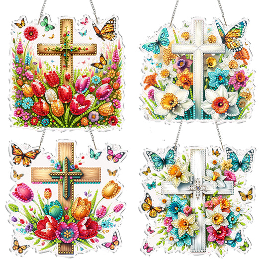 4Pcs Flower Cross 2D Flat DIY Special Shape Diamond Art Hanging Pendant Kit
