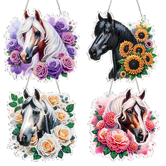 4Pcs Flower Horse 2D Flat DIY Special Shape Diamond Art Hanging Pendant Kit