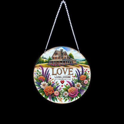 Love Lives Here Floral DIY 2D Flat Acrylic Home Diamond Painting Hanging Pendant