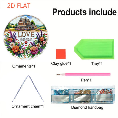 Love Lives Here Floral DIY 2D Flat Acrylic Home Diamond Painting Hanging Pendant