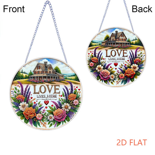 Love Lives Here Floral DIY 2D Flat Acrylic Home Diamond Painting Hanging Pendant