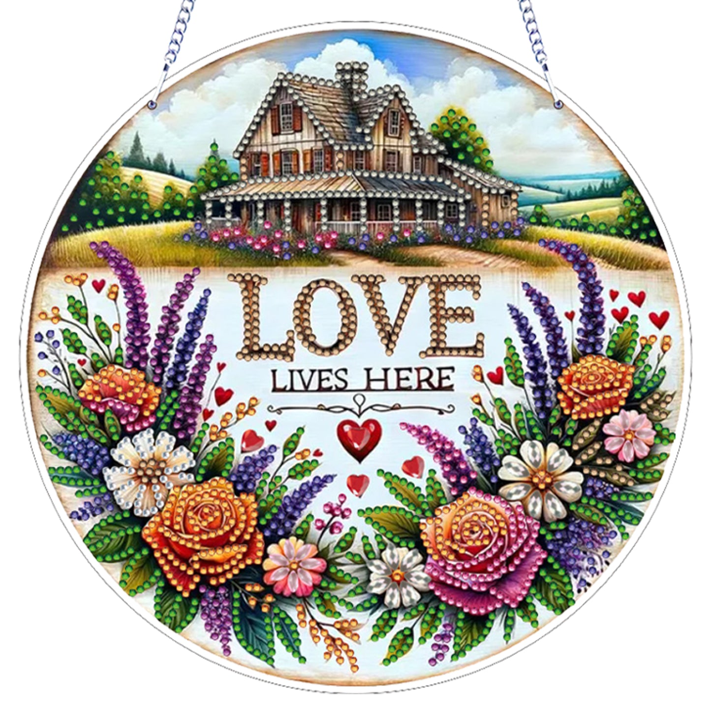 Love Lives Here Floral DIY 2D Flat Acrylic Home Diamond Painting Hanging Pendant