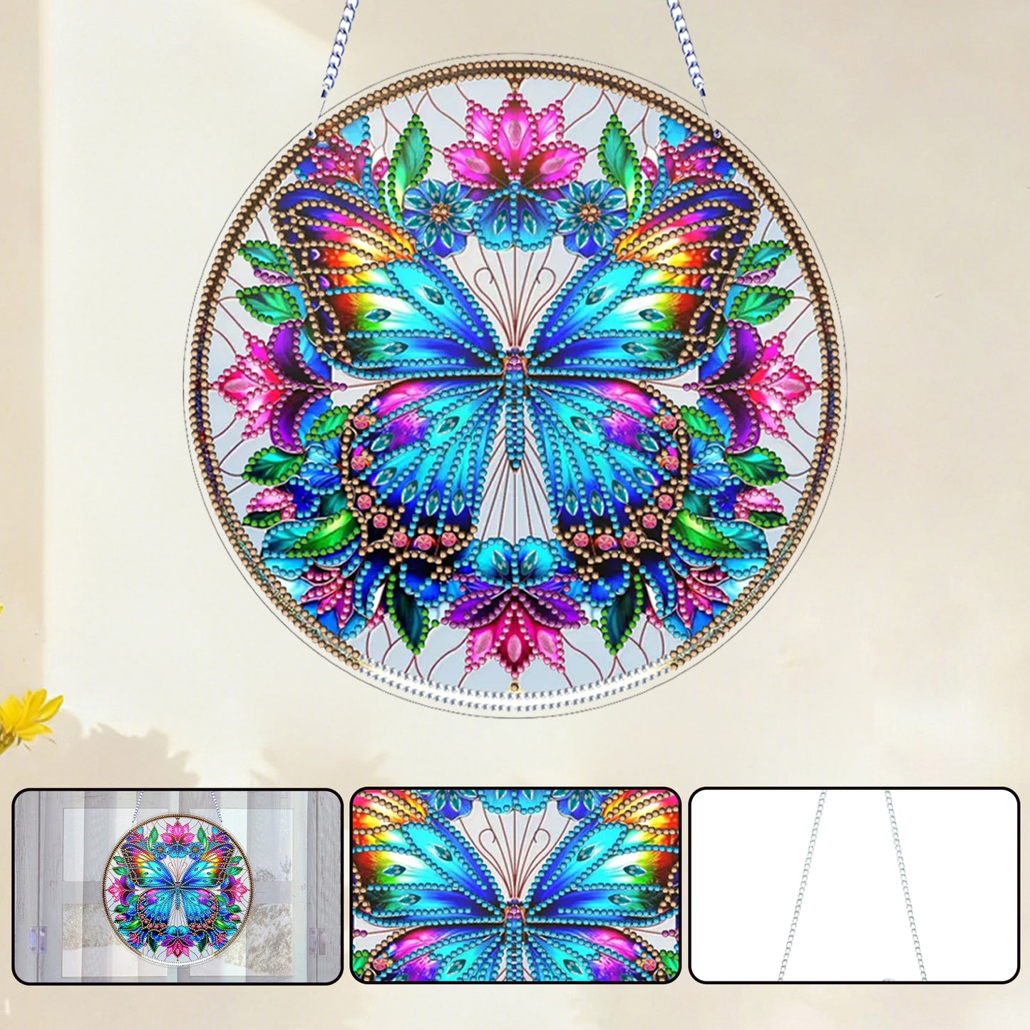 Butterfly Flower DIY 2D Flat Acrylic Diamond Painting Hanging Pendant Home Decor